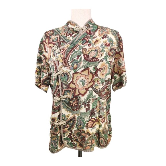 Vintage DELUXE 100% Silk Womens Chinese Style Blouse Brocade Knot Closure Floral - Picture 1 of 13